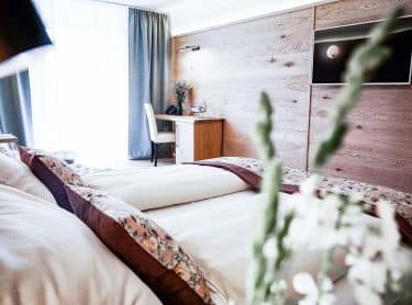 Hotel Gut Edermann Zimmerausschnitt, Fenster, Bett, Schreibtisch, Wand mit Holzvertäfelung und TV