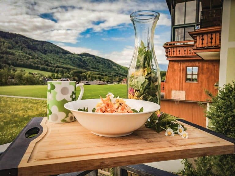 Hotel Gut Edermann Tisch mit Karottensuppe, Getränken vor Berglandschaft